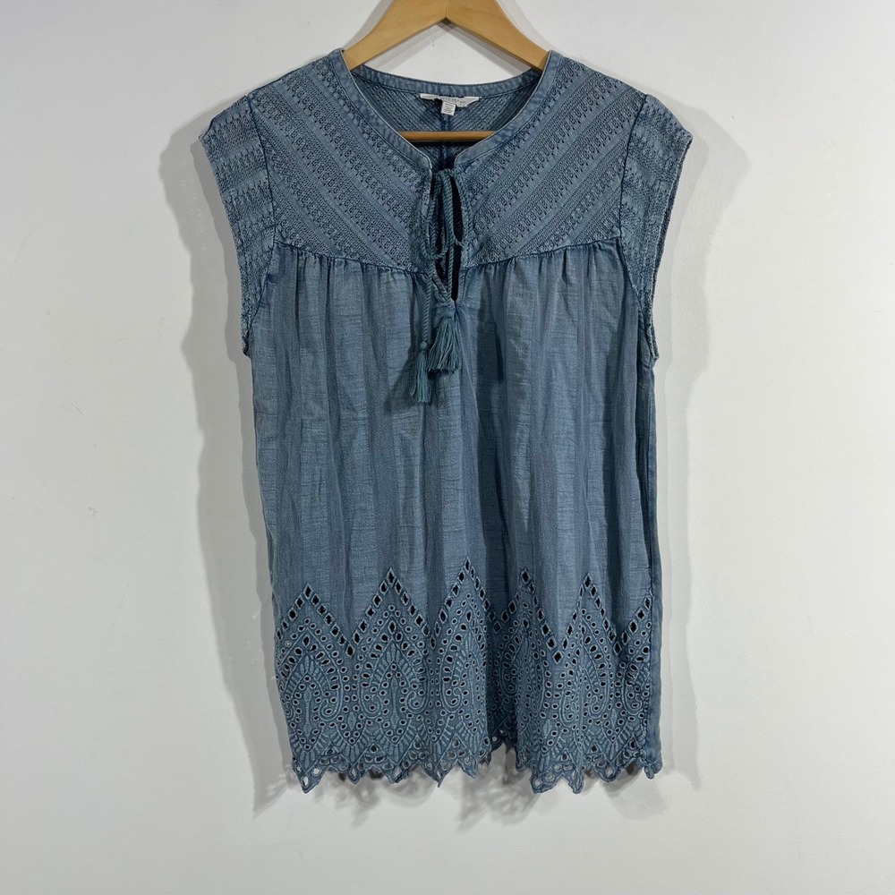 Lucky Brand Renfair Retro Boho Eyelet Lace Crochet Tassel Peasant Top Medium 70s